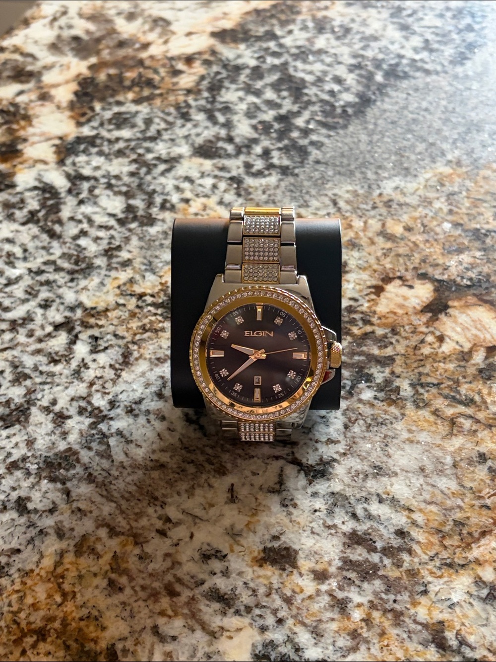 Elgin Men’s Two-Tone Black Dial Stainless Steel Watch with Crystal Accents